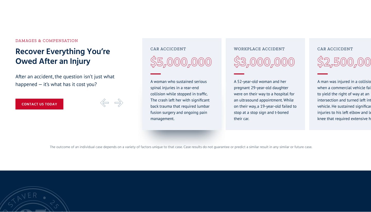 A website section titled Recover Everything You’re Owed After an Injury features settlement amounts for cases: $5M for a car accident, $3M for a workplace accident, and $2.5M for another car accident, with brief case details.