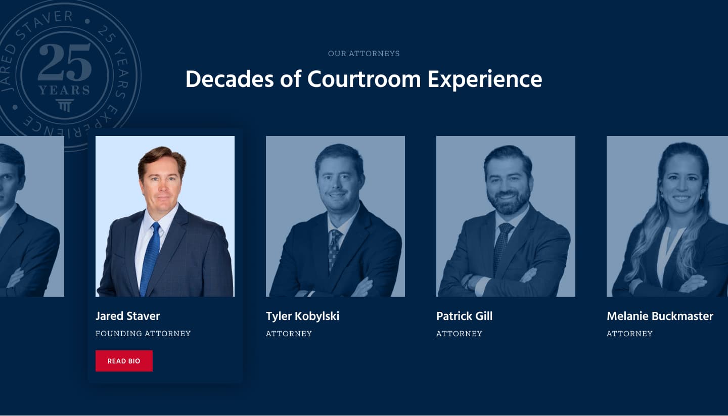 Four attorneys in business attire are pictured against a blue background. Jared Staver is highlighted on the left. Next to him are Tyler Kobylski, Patrick Gill, and Melanie Buckmaster. Text reads: “Decades of Courtroom Experience.”.
