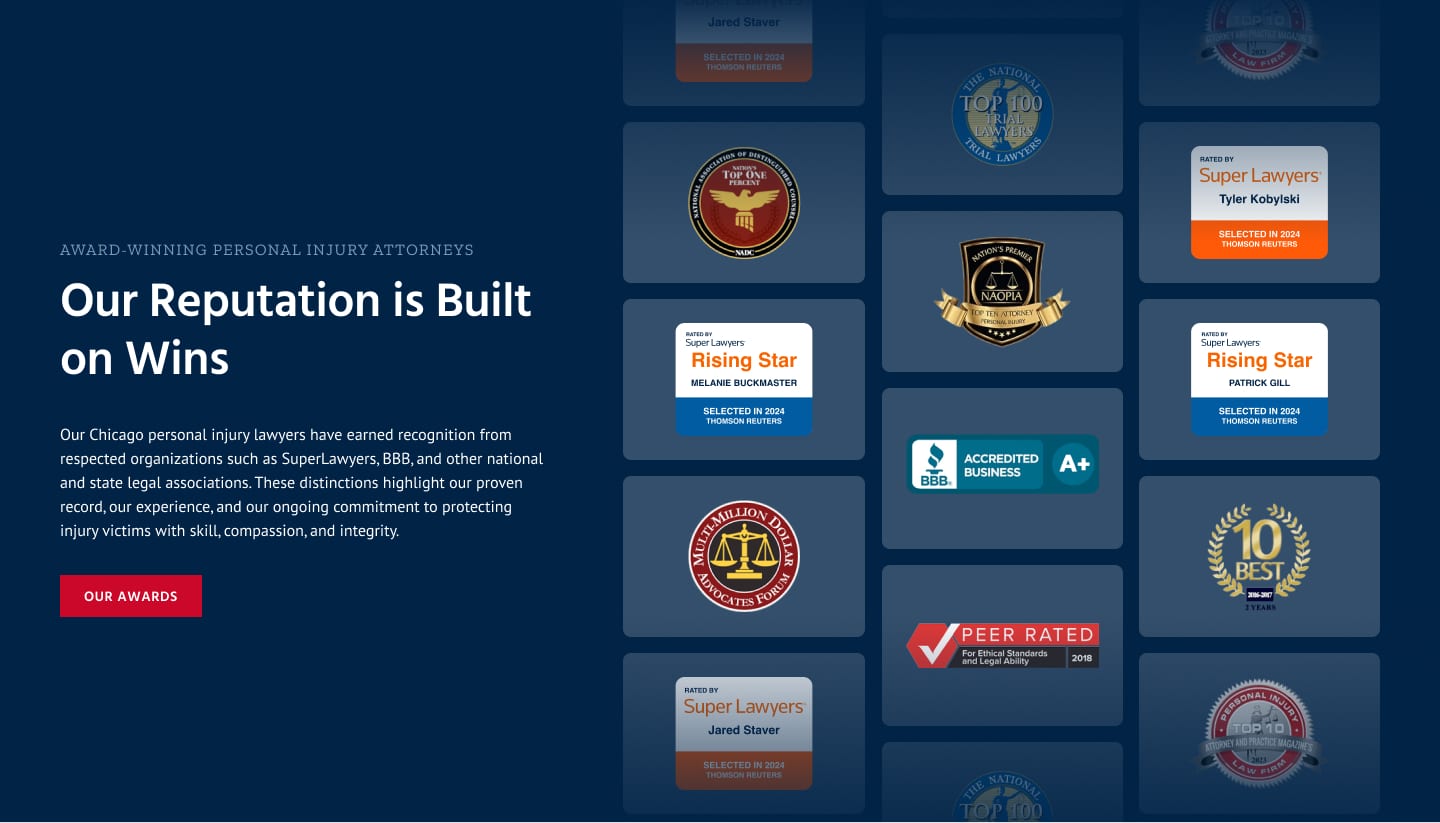 A dark blue graphic features award badges and certificates for a law firm. White text reads, Our Reputation is Built on Wins, with a description of the firms recognition and an Our Awards button below.