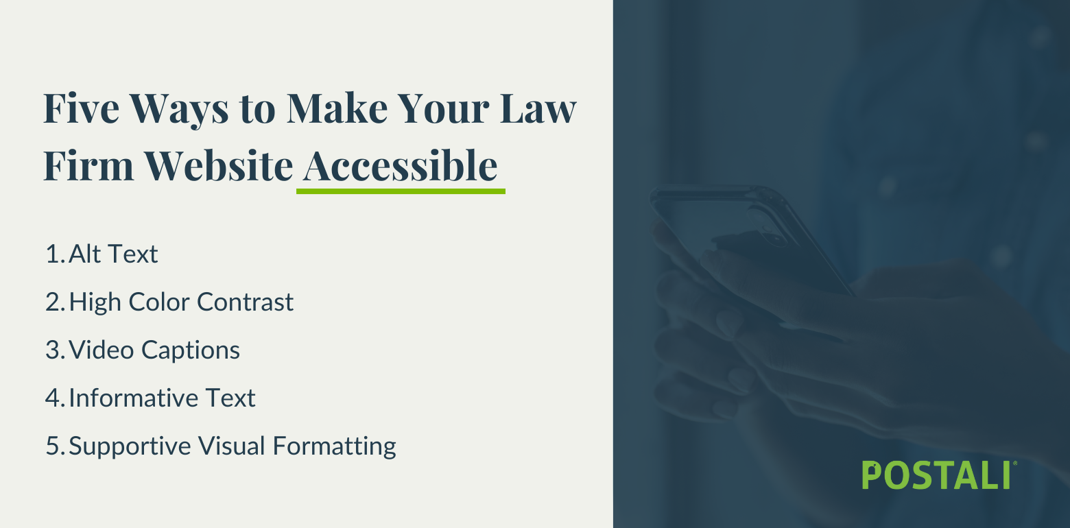 Graphic with text: Five Ways to Make Your Law Firm Website Accessibility
