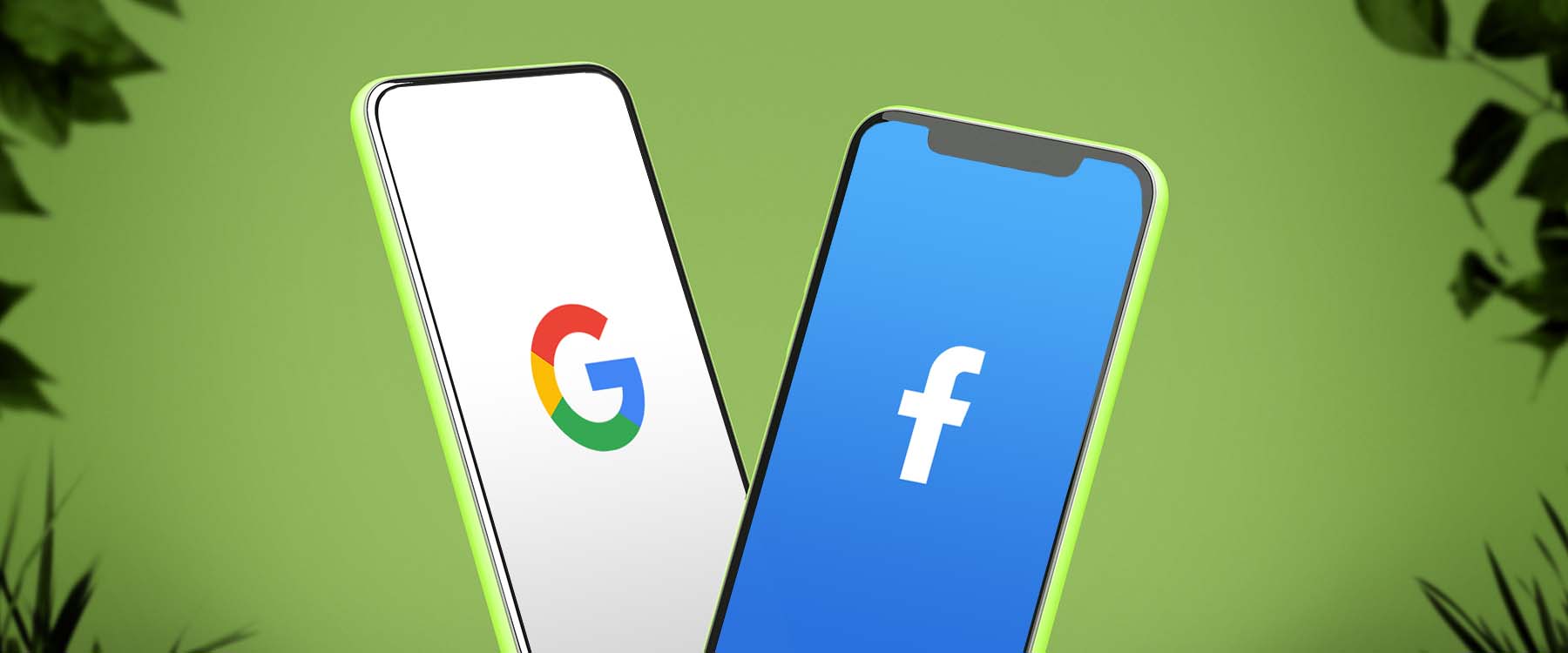 Two phones with facebook and google logos on them