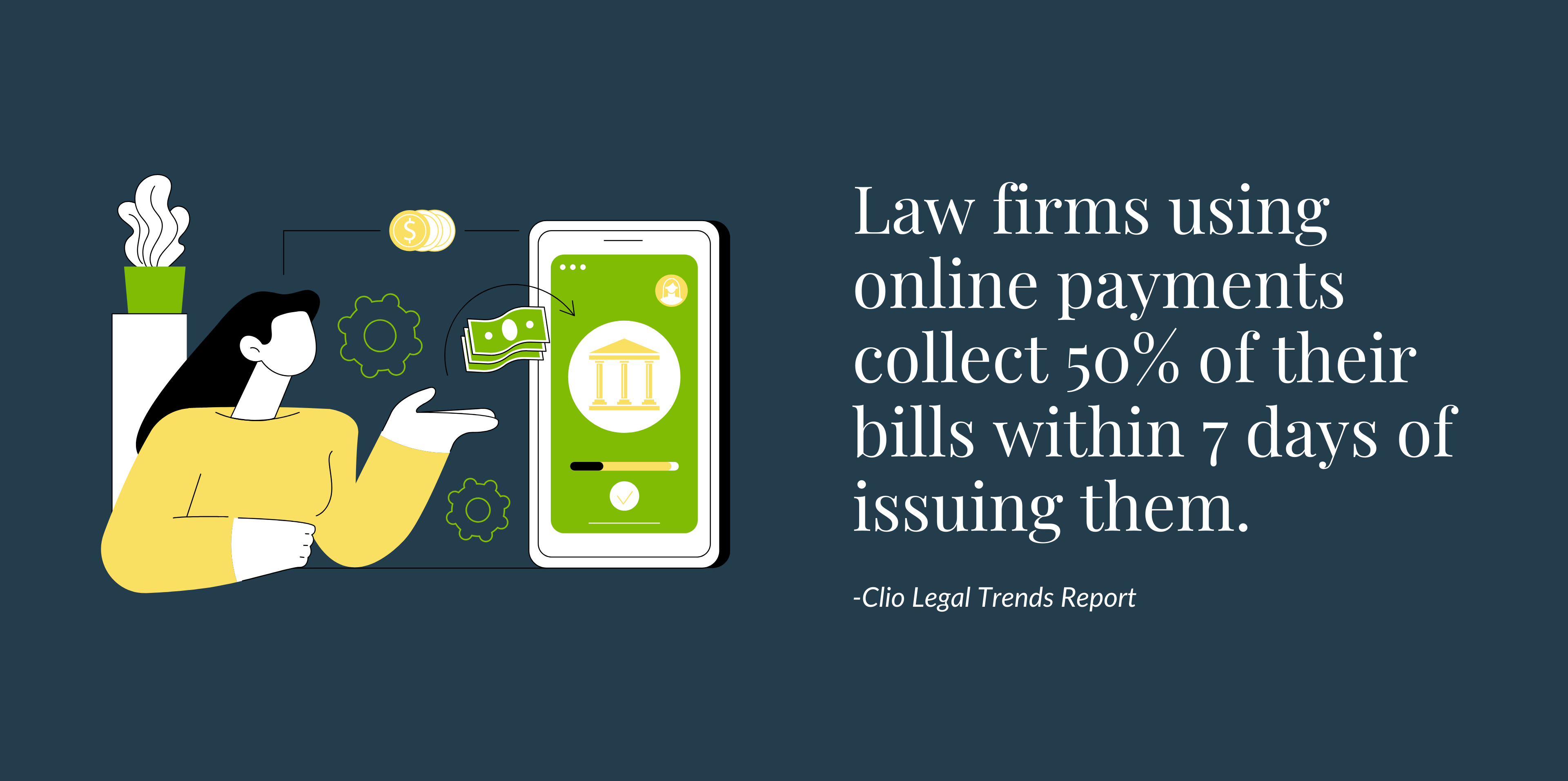 Text: "Law firms using online payments collect 50% of their bills within 7 days of issuing them"