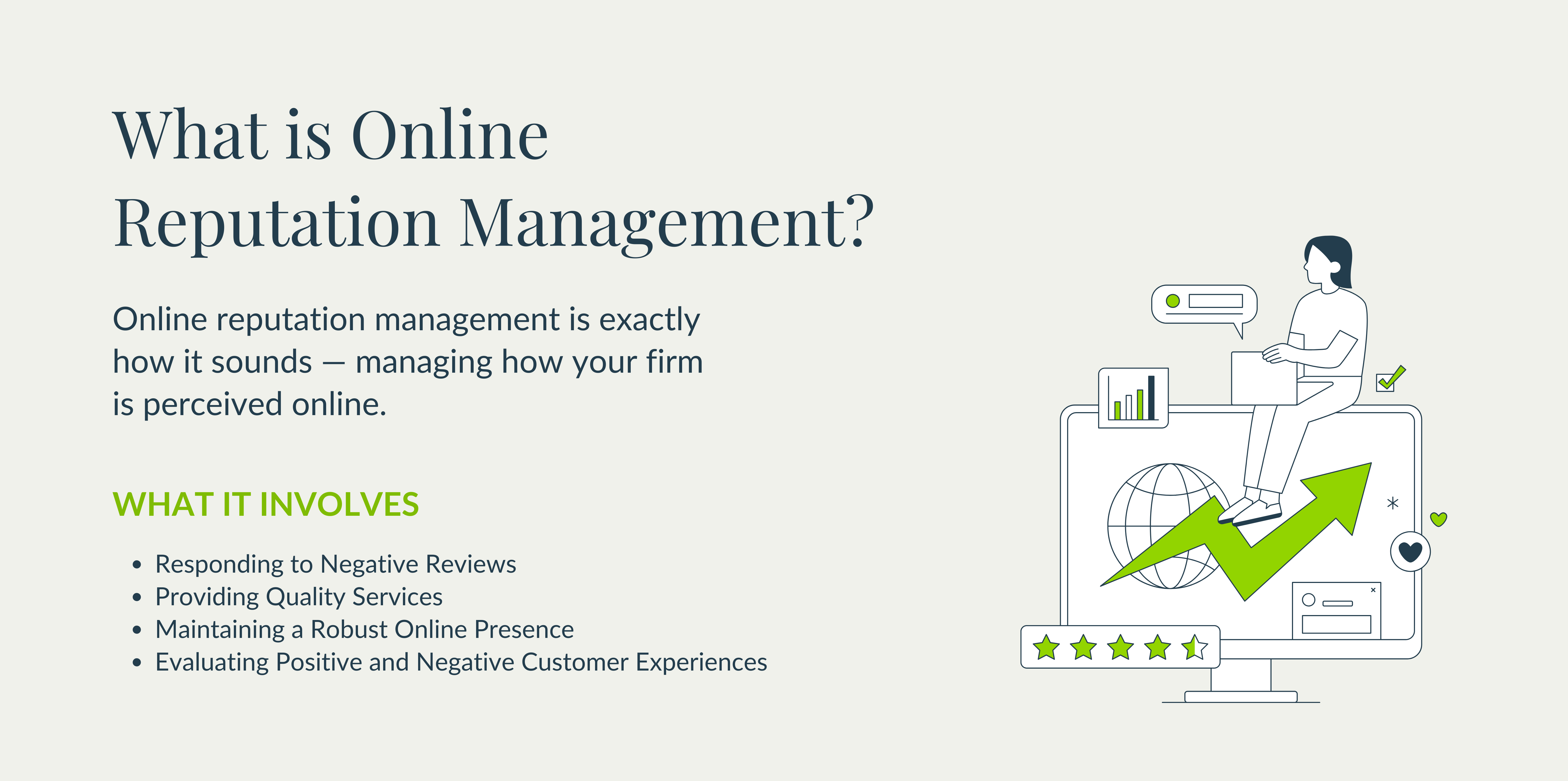 A graphic with an explanation of what online reputation management is and what it involves for law firms. Graphic also includes an image of a person sitting on a desktop computer with a laptop on their lap. 