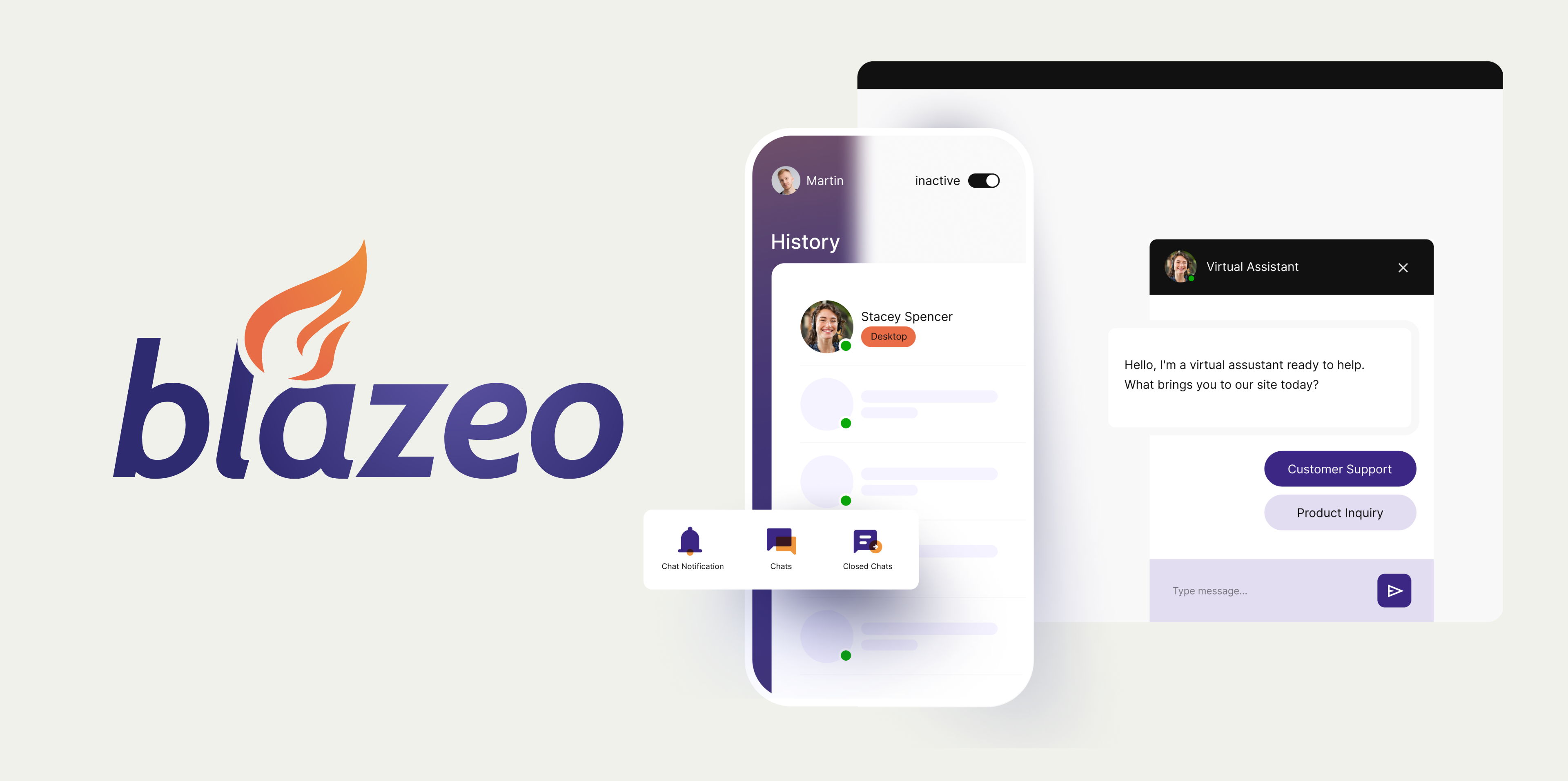 Graphic with Blazeo logo and product screenshots.