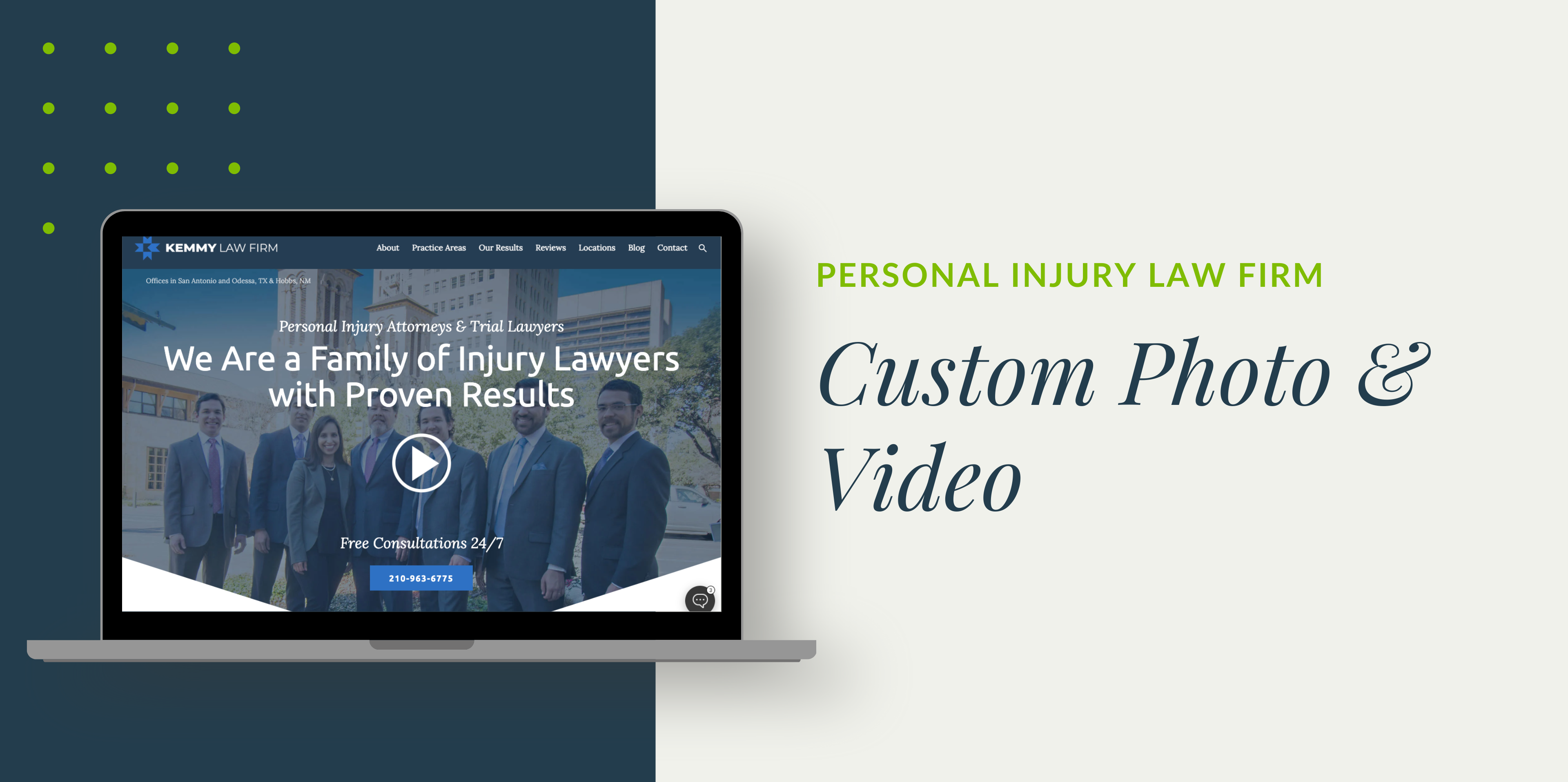 Graphic with text "Custom Photo & Video" with laptop mockup of a law firm website.