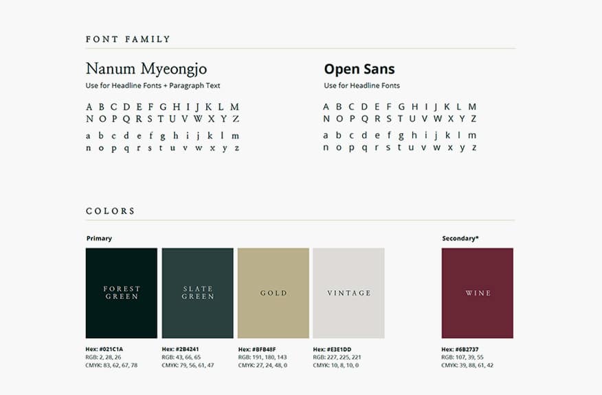A style guide with font families Nanum Myeongjo and Open Sans, each shown with sample alphabet. Four primary colors—forest green, slate green, gold, vintage—and one secondary color, wine, with hex and CMYK codes.