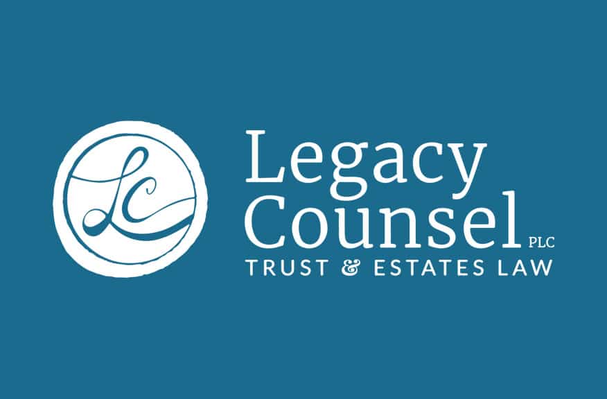 White logo on a blue background showing a circular emblem with LC and the text Legacy Counsel PLC Trust & Estates Law to the right of the emblem.