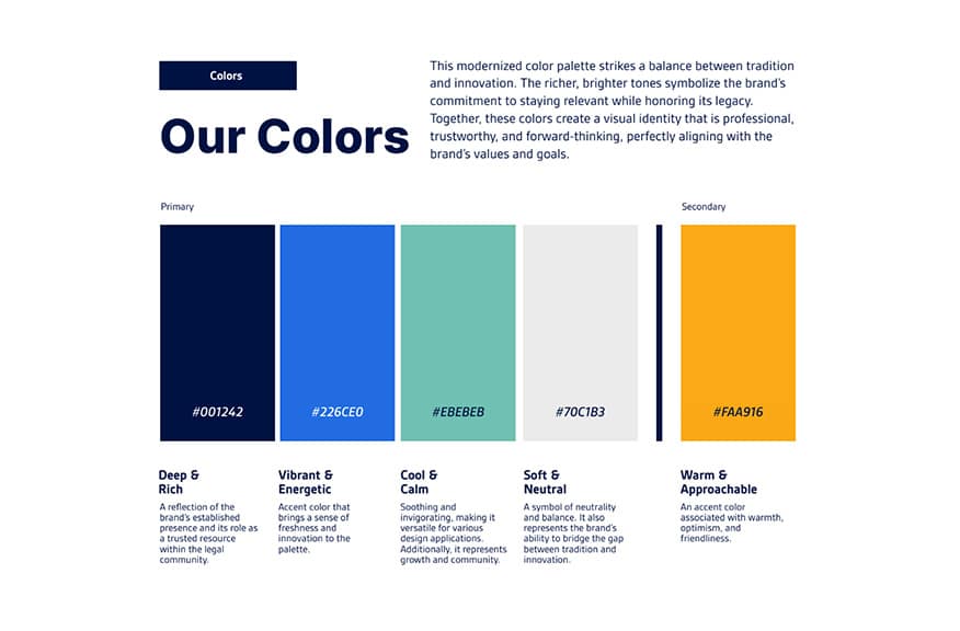 A color palette labeled Our Colors shows five vertical bars: #001A42 (Deep & Rich), #236CE0 (Vibrant & Energetic), #EBEBEB (Cool & Calm), #7C61B3 (Soft & Neutral), and #FAA916 (Warm & Approachable). Each bar includes a brief description.