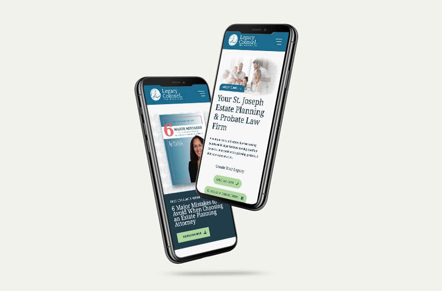 Two smartphones displaying a law firms mobile website, featuring estate planning and probate law services. One screen shows a downloadable guide, and the other displays the firms welcome message and navigation menu.
