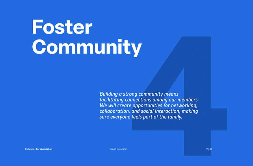 Large bold white text reads Foster Community on a blue background. Below, smaller text describes building community, with a large semi-transparent number 4 in the background. Small footer text includes Columbus Bar Association and Brand Guidelines.