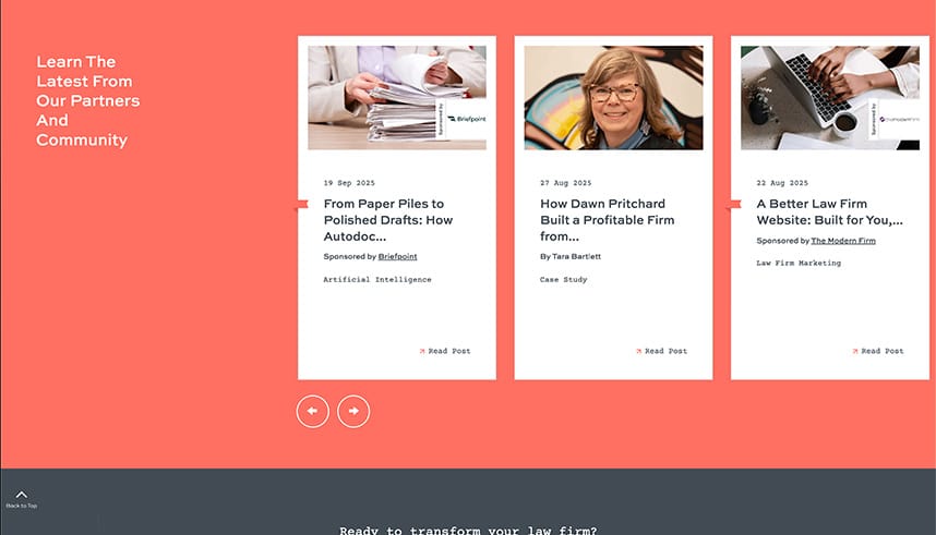 A website section with three blog post cards, each showing a title, date, sponsor, image, and a Read Post link, on a coral background. The left sidebar says, “Learn The Latest From Our Partners And Community.”.