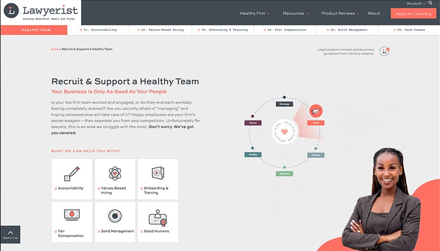 Screenshot of a Lawyerist website page titled Recruit & Support a Healthy Team, featuring a smiling woman in business attire, various icons related to team management, and navigation menus at the top.