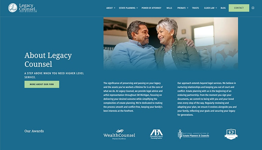 Screenshot of the Legacy Counsel website homepage showing an older couple smiling on a couch, a navigation bar, and text about the firm’s estate planning and personalized legal services. Several award logos appear at the bottom.