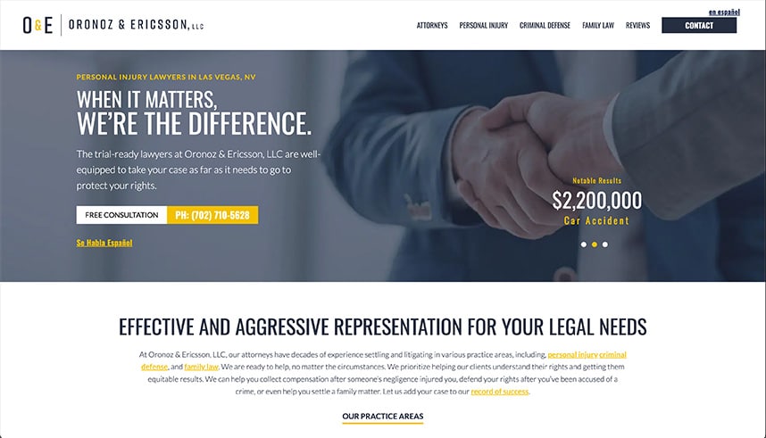 Screenshot of a law firms website homepage featuring a blurred image of two people shaking hands. Text highlights legal services, a notable $2.2 million car accident result, and a button for a free consultation phone call.