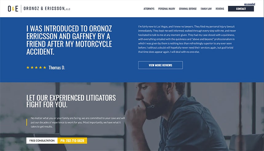 Screenshot of a law firm website showing a testimonial from a client about a motorcycle accident, a quote from Thomas D., and a call-to-action for a free consultation with phone number and a contact button.