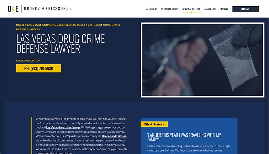 Screenshot of a law firms website for Las Vegas drug crime defense. The page features a blue and yellow design, a contact phone number, navigation menu, and an image of hands holding a plastic bag with white powder.