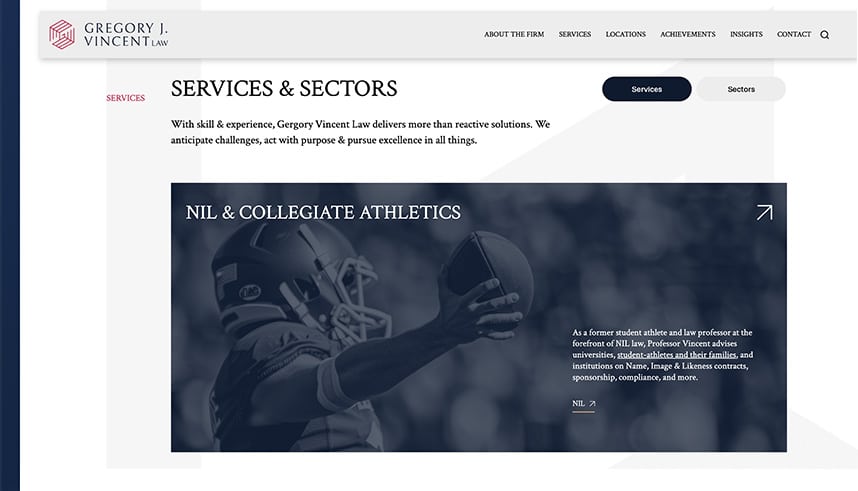 Screenshot of a law firm website showing the Services & Sectors page. The section highlights NIL & Collegiate Athletics with an image of a football player reaching for the ball and accompanying descriptive text.