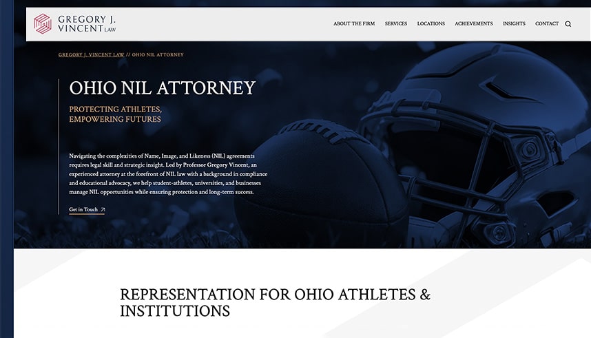 A website screenshot for Gregory J. Vincent Law, featuring Ohio NIL Attorney text, a football helmet, and a football. The site offers legal services for athletes regarding NIL (Name, Image, and Likeness) agreements.