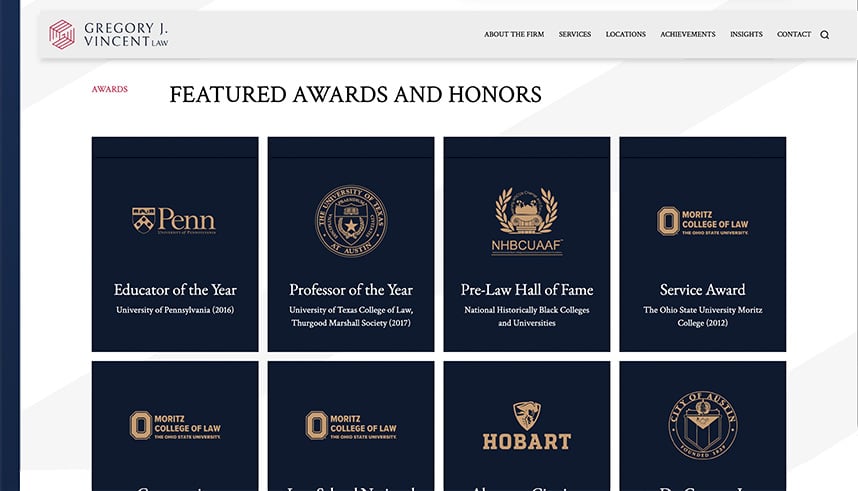 A website section titled Featured Awards and Honors displays eight award plaques, each with different university logos and titles, including Educator of the Year, Professor of the Year, and Service Award.