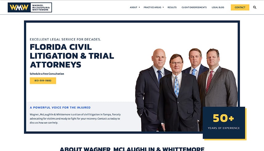 A law firm website showing four men in suits standing together. The text reads Florida Civil Litigation & Trial Attorneys, with a phone number and a badge indicating 50+ years of experience. The logo is in the top left corner.