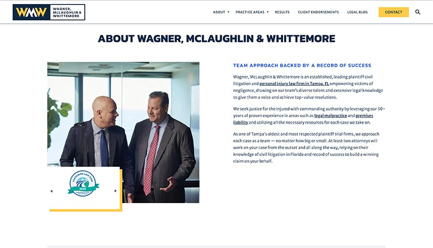 Screenshot of a law firm’s “About Us” webpage featuring two men in suits talking in an office with large windows. The text describes the firm’s experience and credentials. A badge is displayed in the lower left corner.