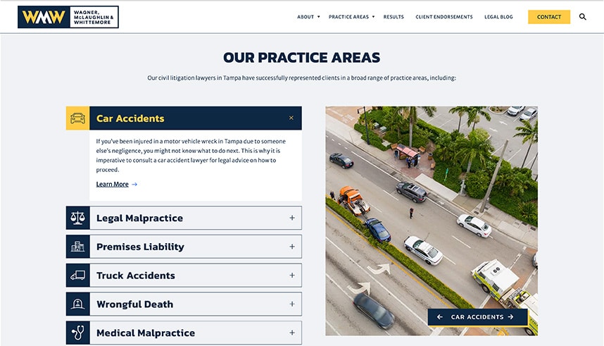 Screenshot of a law firm website showing “Our Practice Areas.” The highlighted section is “Car Accidents,” next to an aerial photo of a car accident scene with emergency vehicles on a multi-lane road.