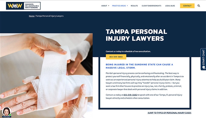 Screenshot of a law firms website featuring Tampa Personal Injury Lawyers in bold text, with an image of a person’s hand being wrapped in a bandage and a yellow contact button for a free consultation.