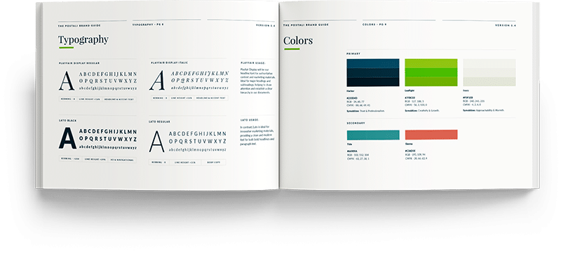 An open brand guidelines booklet displays typography samples on the left page and color palette options with color blocks and codes on the right page.