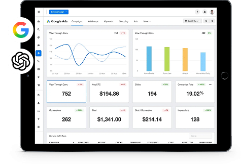 A tablet screen displays a Google Ads dashboard with graphs and data on conversions, costs, and performance metrics. The Google and ChatGPT logos are on the left side of the image.