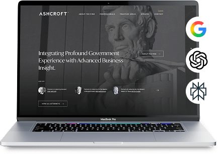 A MacBook Pro displaying the Ashcroft website, featuring a statue of Abraham Lincoln and text about government and business insight. Google, ChatGPT, and a third logo are shown beside the laptop.