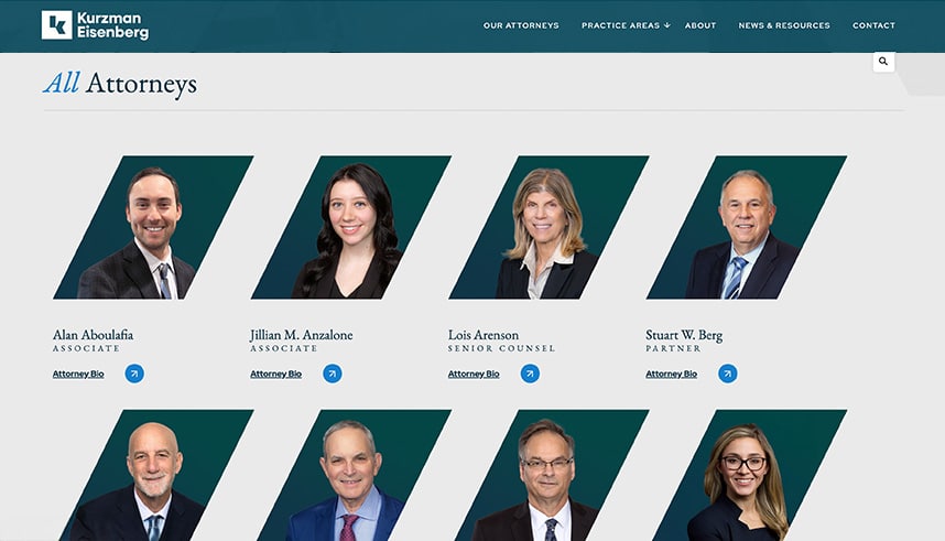 Screenshot of a law firm’s website page titled “All Attorneys,” showing professional headshots and names of eight attorneys, their titles, and links to individual attorney bios in a grid layout with a teal background.