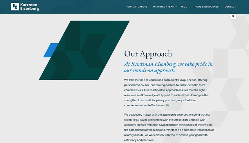 Screenshot of the “Our Approach” page from Kurzman Eisenberg’s website, featuring the firms logo, a navigation bar, geometric design elements, and text explaining the firms collaborative, client-focused approach.