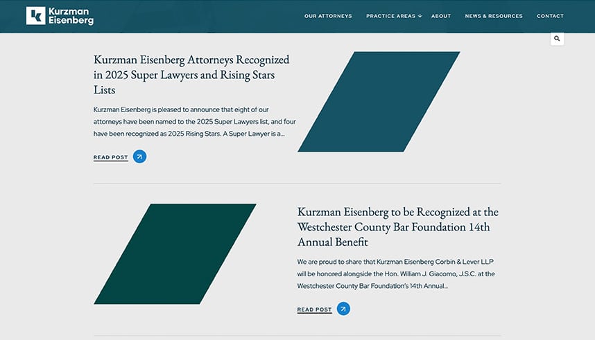 Screenshot of the Kurzman Eisenberg law firms news page, featuring two announcements about attorney recognitions and an upcoming benefit, with blue geometric graphics and a navigation menu at the top left.