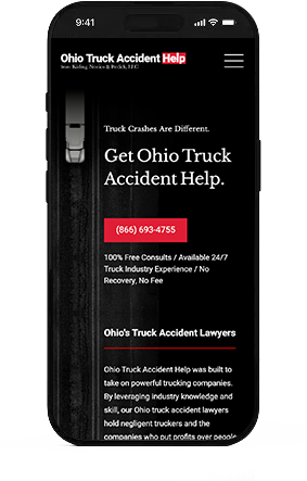 A smartphone screen displays a website for Ohio Truck Accident Help, featuring a top-down image of a semi-truck on a dark road and information about legal services for truck accident victims.