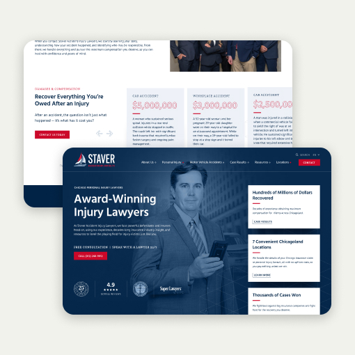 Screenshot of a law firms website showing award-winning injury lawyers, a blue theme, statistics about client recoveries, lawyer ratings, and a navigation bar with contact options.