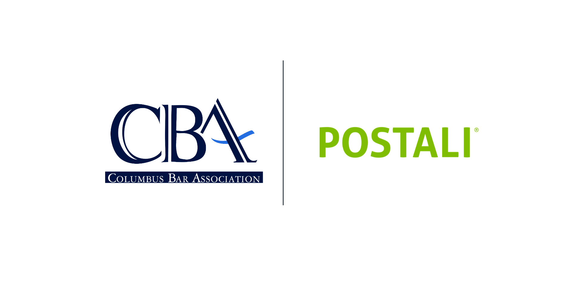The Columbus Bar Association (CBA) logo in blue is on the left, separated by a vertical line from the Postali logo in bright green on the right, both centered on a white background.